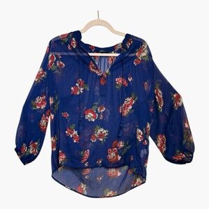 Lucky Brand Blue Floral Sheer Blouse Romantic Boho Peasant Top Medium